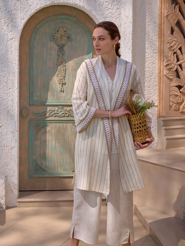 White/Beige Striped 3-Piece Cape Co-ord Set — HOUSE OF FETT