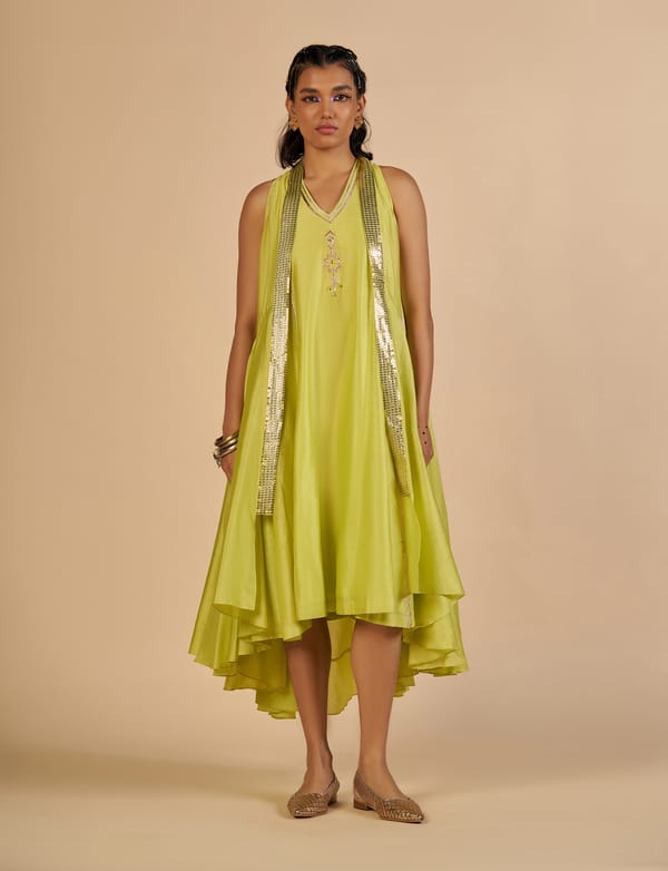 Lime Green Silk Chanderi Sequin Border Overlay Cape — Gulabo by Abu Sandeep