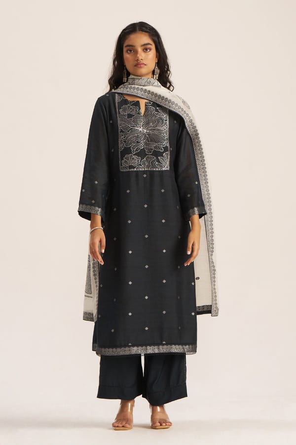 Black Linen Straight Kurta Suit Set With Dupatta — Ganga Fashions Pvt Ltd