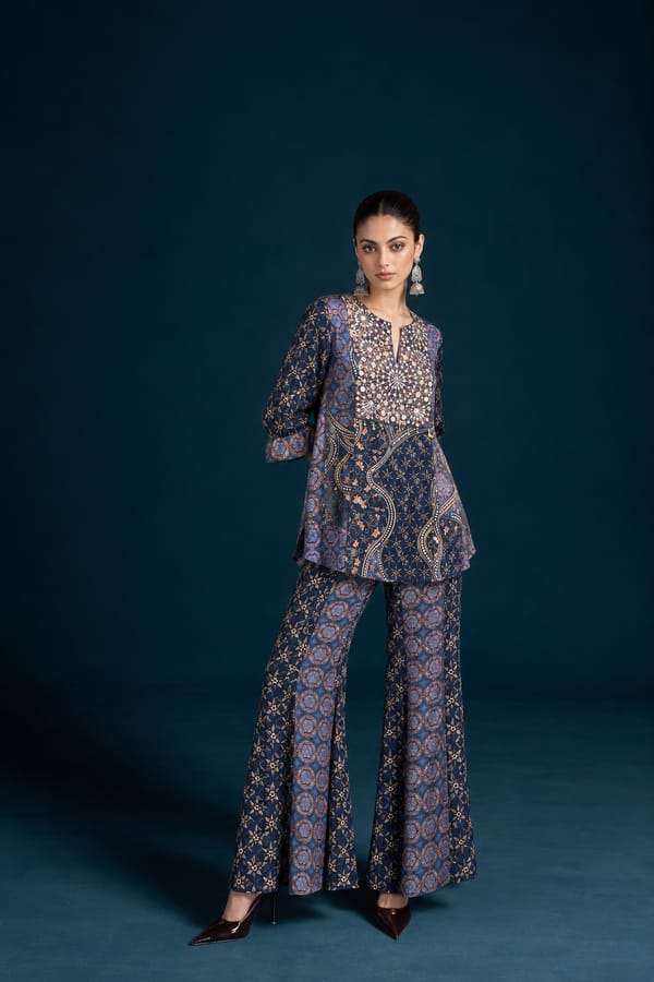 Nazm Ajrakh-Inspired Tunic & Palazzo Co-ord Set — SAUNDH