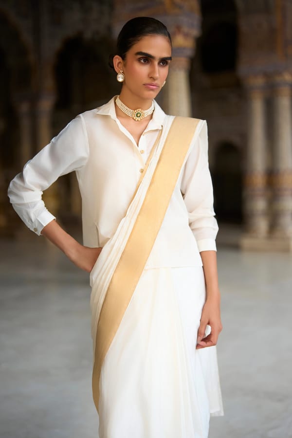 Ivory Satin Shirt & Gold Border Sari Drape Skirt — Dash and Dot