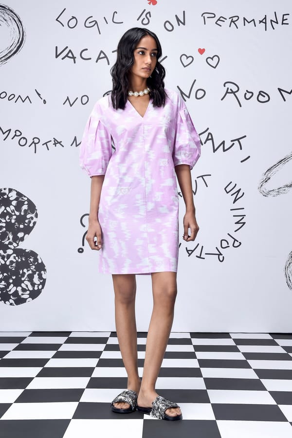Smoothie Pink Ikkat Check Mini Shift Dress with Puff Sleeves — Genes Lecoanet Hemant
