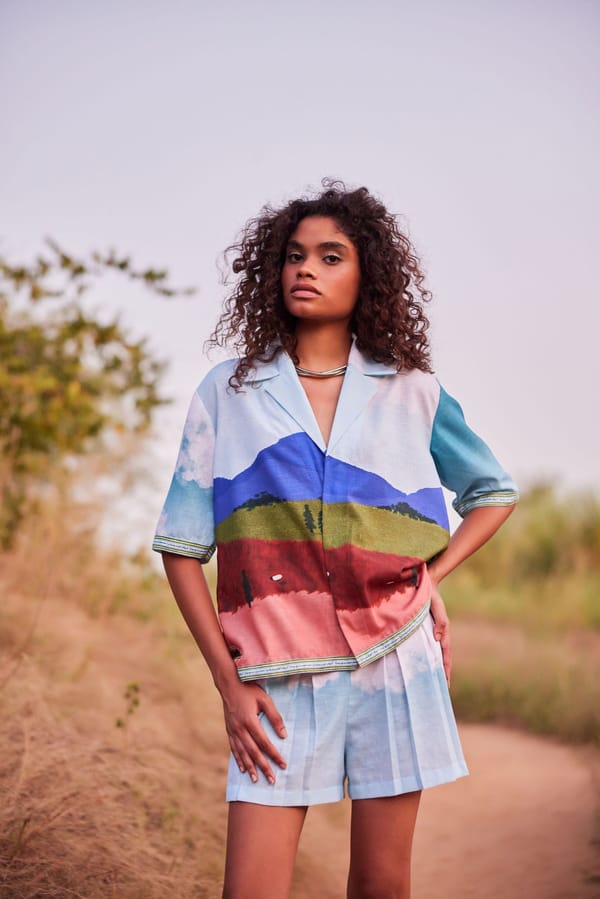 Multicolor Printed Pleated Cotton Linen Shorts — Zip by Payal Zinal