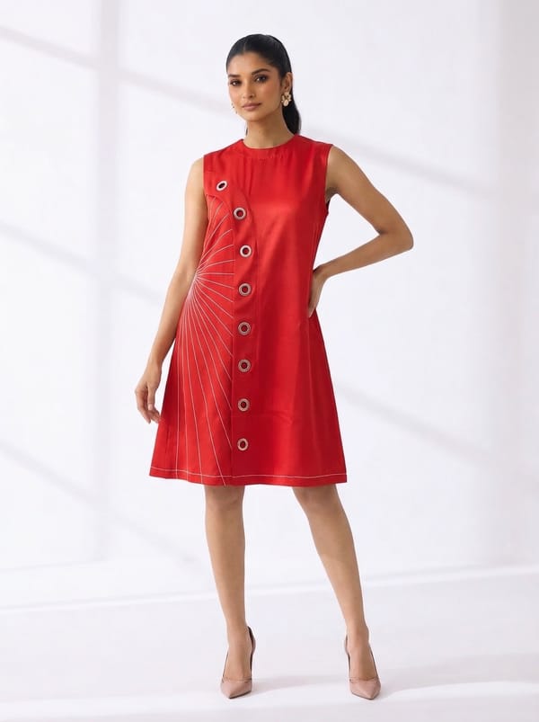 Red Satin Sleeveless A-Line Knee-Length Dress — Veera Wear