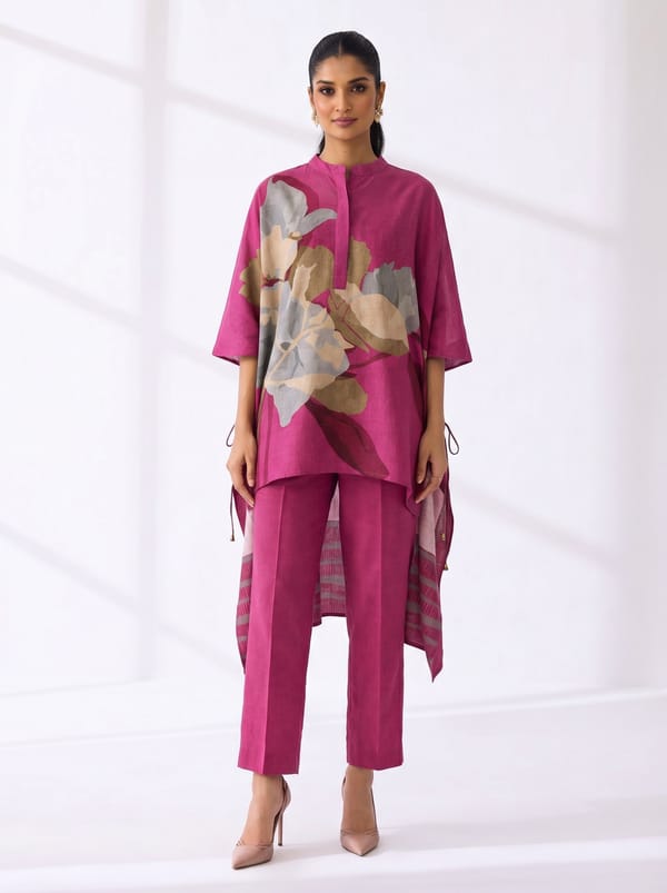 Magenta Floral Kaftan Kurta Set with Straight Pants — CLOS