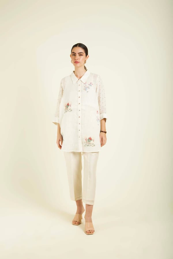 Ivory Block Print Shirt and Straight Pant Co-ord Set — Arcvsh Pallavi Singh