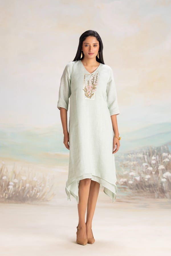 Cloud Linen V-Neck Fit and Flare Knee Length Dress — Kaveri