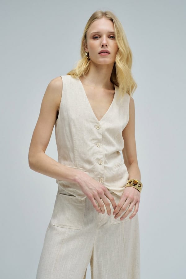 Medium Beige V-Neck Button-Front Tailored Vest Top — SALSA JEANS