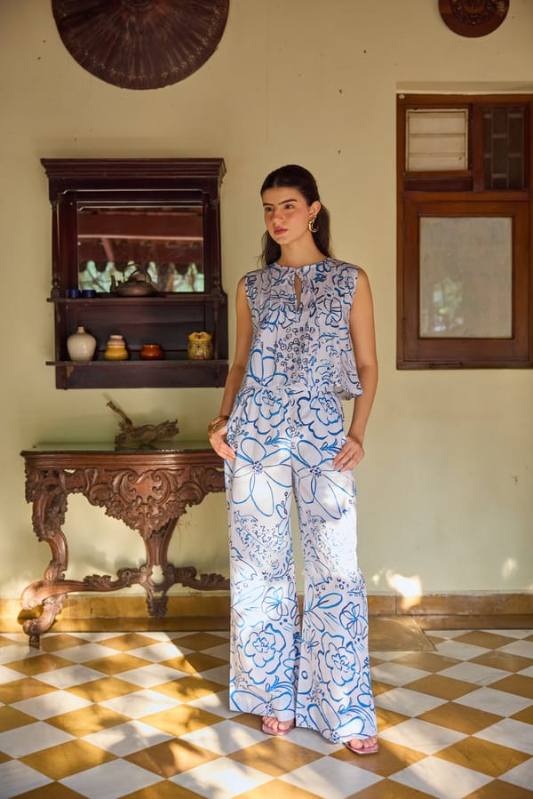 White/Blue Printed Sleeveless Top and Wide-Leg Co-ord Set — HAPPI SPACE