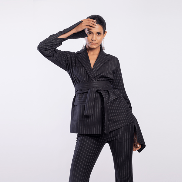 Blue-Black Pinstriped Belted Tailored Blazer — MAGIA