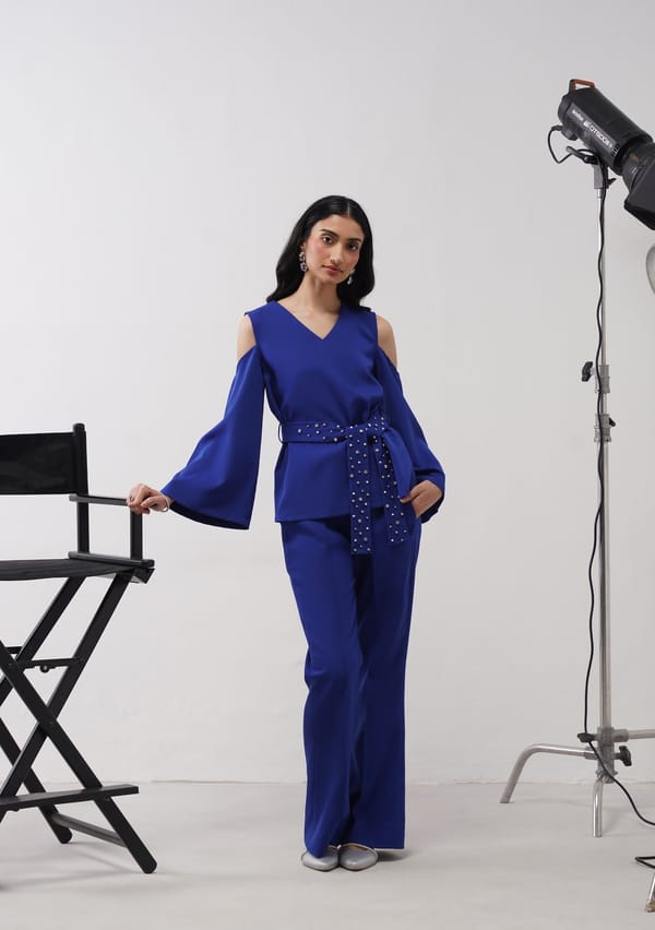 Electric Blue Cold-Shoulder Co-ord Set with Rhinestone Belt — AMOSHI