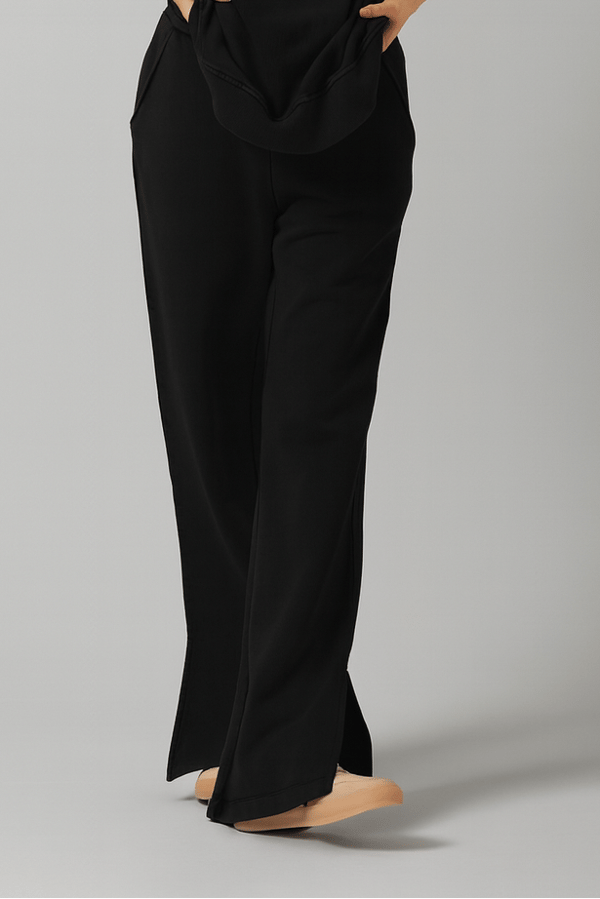 Black Cotton Terry Wide-Leg Side Slit Trousers — Necesera