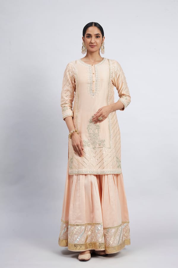Peach Chanderi Silk Kurta Garara Set with Organza Dupatta — Sheetal Batra
