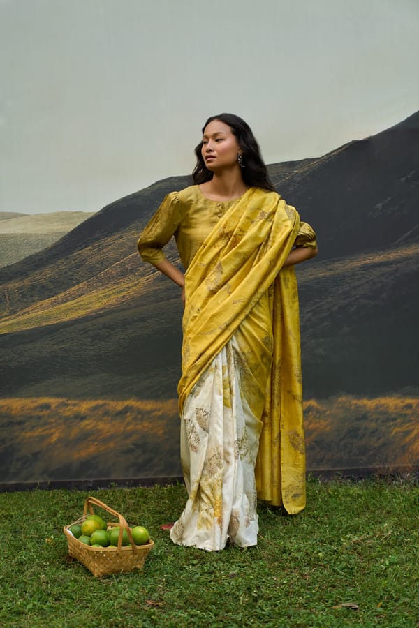 Yellow/Beige Half-and-Half Mulberry Silk Printed Saree — ALTER NATIVE