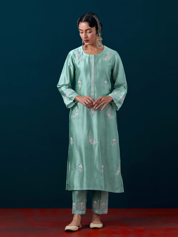 Dull Blue Silk Chanderi Embroidered Kurta Set — Anantaa