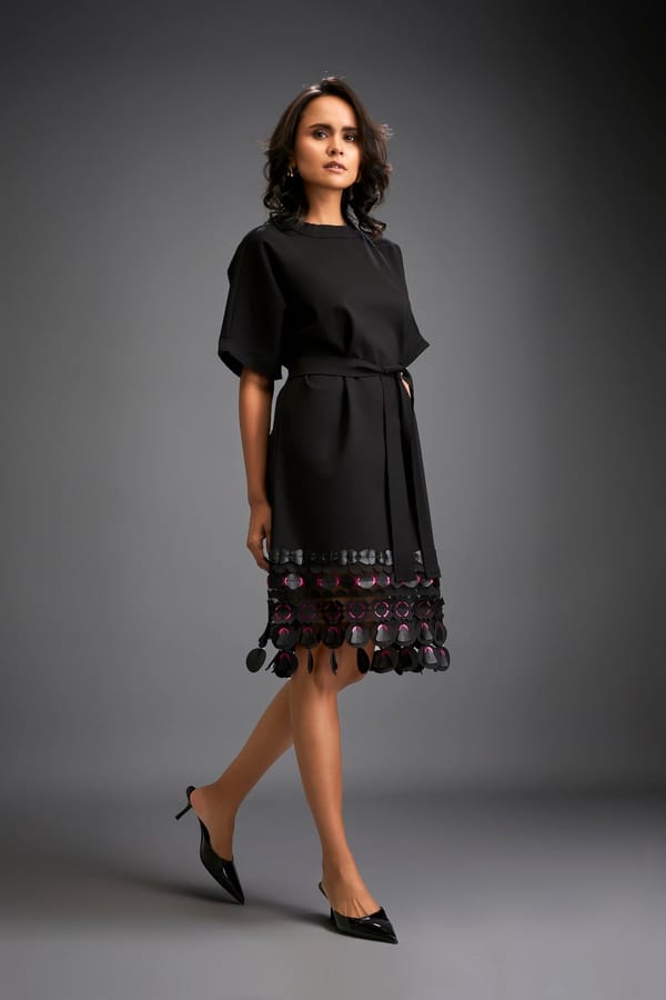 Dress With Belted Waist And Metallic Geometric Hemline — Deepika Arora
