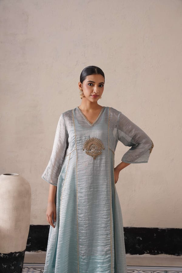 Powder Blue Organza A-Line Kurta Set with Zardozi Work — SHREYASH JAIN