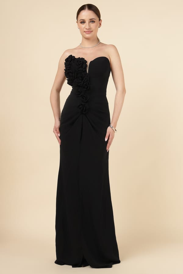 Black Strapless Sweetheart Maxi Gown with 3D Floral Applique — NAZELLA