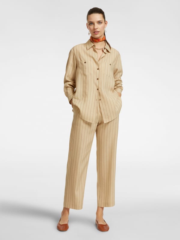 Sand Pinstripe High-Waist Straight-Leg Trousers — ELENA MIRO