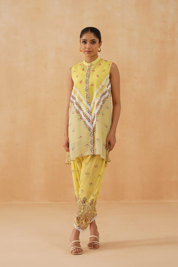 Lemon Yellow Floral Printed Tunic and Pants Co-ord Set — NEETIKA CHOPRA