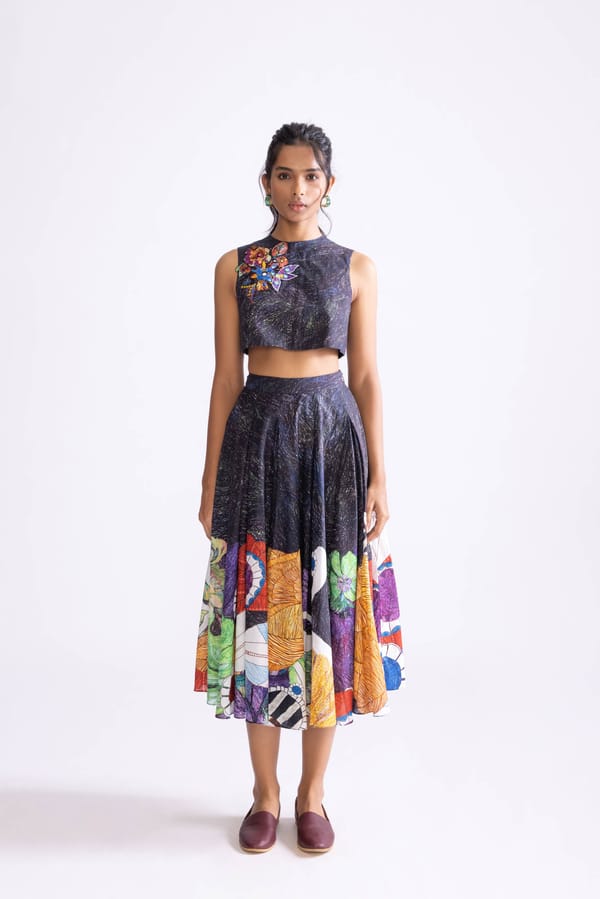 Black Abstract Print Boxy Crop Blouse with Motif — Saaksha and Kinni