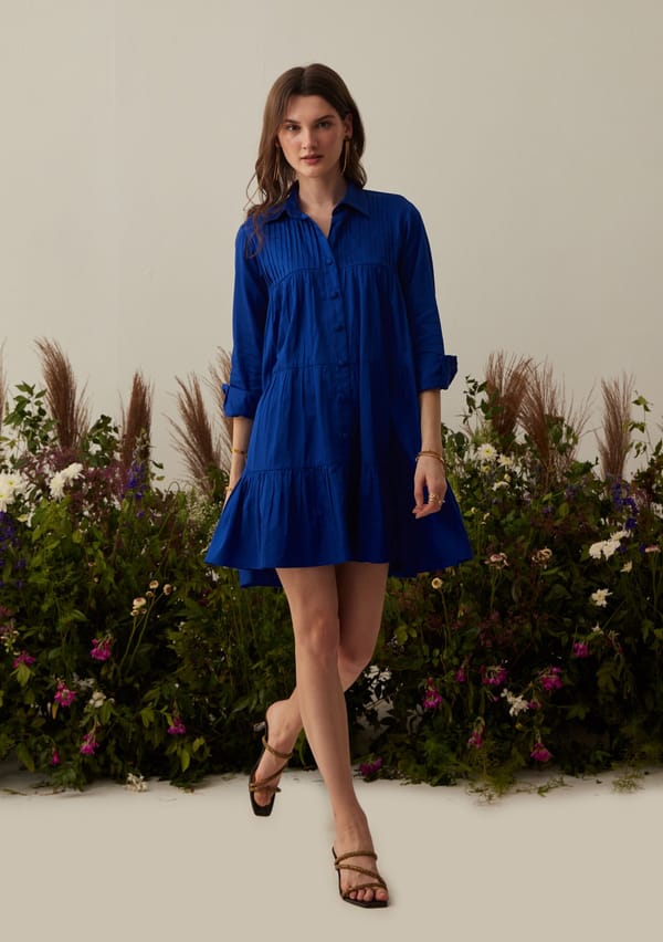 Royal Blue Cotton Button-Down Tiered Mini Shirt Dress — AMOSHI