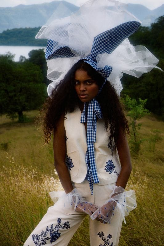 Off-White Denim Cropped Waistcoat with Navy Applique — JODI
