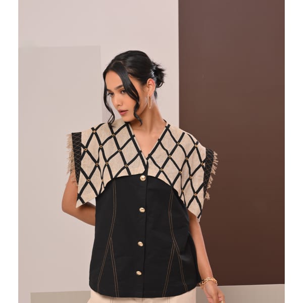 Black and Beige Geometric Cape Overlay Button-Front Top — Veera Wear