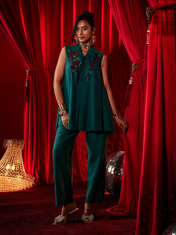Deep Teal Linen Embroidered Tunic and Pants Co-ord Set — HOUSE OF FETT