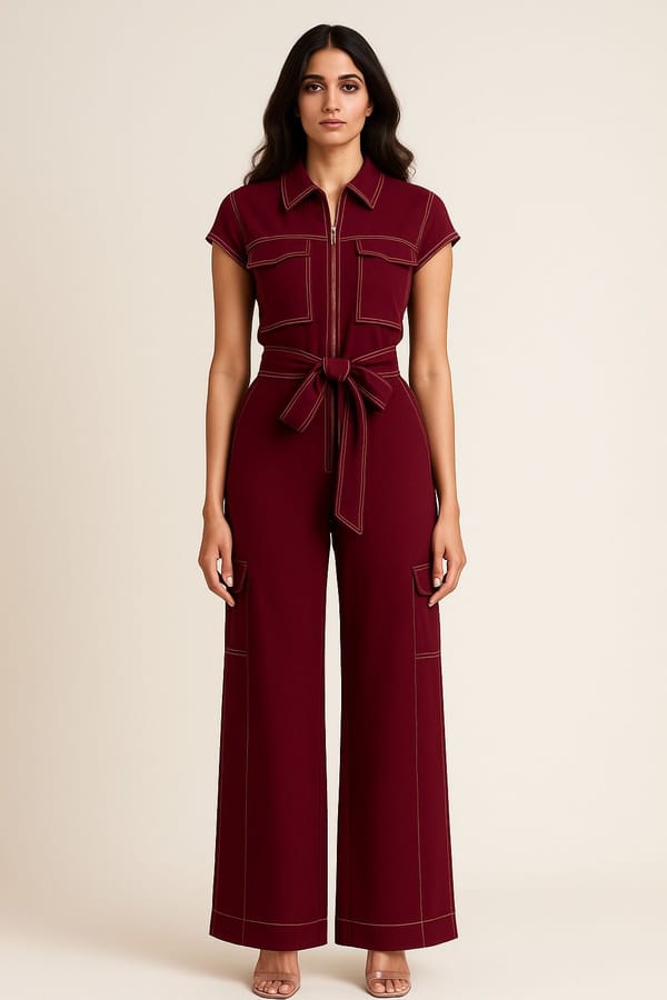 Maroon Utility Zip-Front Wide-Leg Jumpsuit with Belt — Younglings