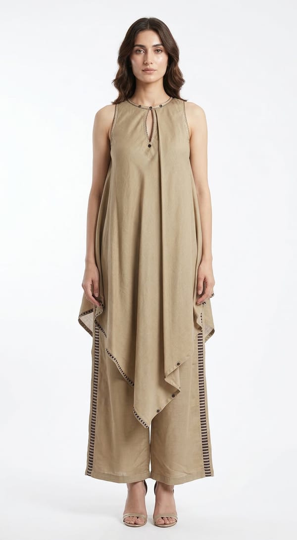 Beige Cotton Silk Asymmetric Tunic and Palazzo Co-ord Set — Basanti Kapde aur Koffee