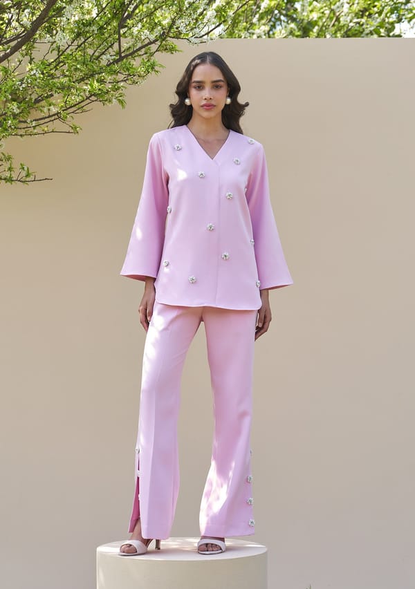 Baby Pink Pearl-Embellished Co-ord Set — AMOSHI