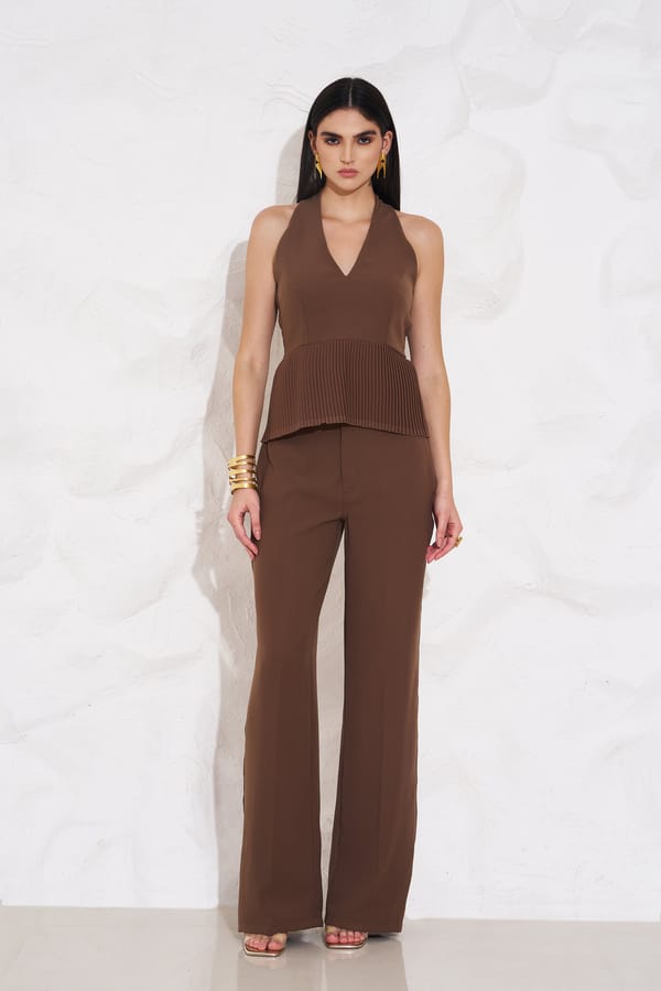 Brown Halter V-Neck Peplum Top and Pants Co-ord Set — Torqadorn