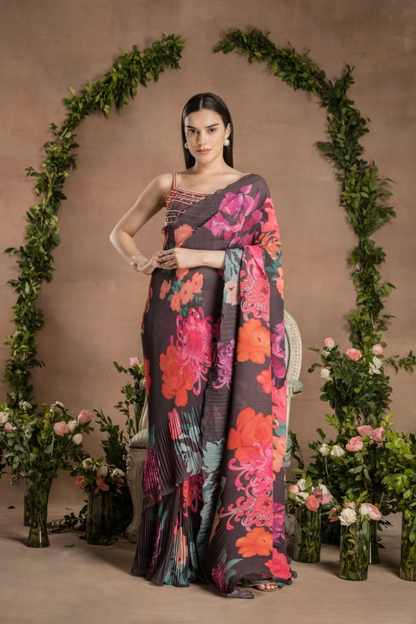 Dark Chocolate Pre-Draped Floral Print Georgette Saree — PREETI MEHTA