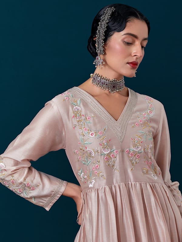 Old Rose Silk Chanderi Embroidered Yoke Flared Kurta — Anantaa