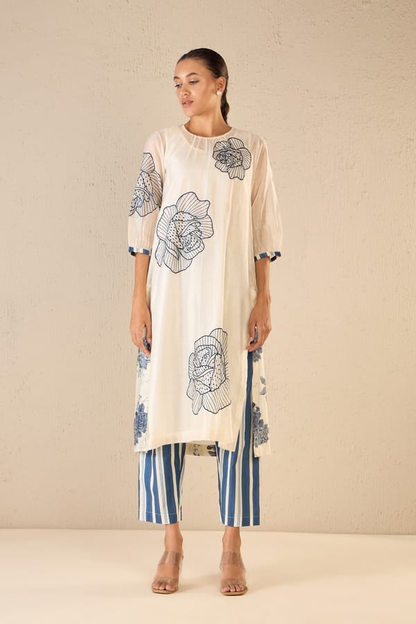 Rose Ballad: Blue Three Bold Rose Chanderi Kurta — SHIVANI BHARGAVA