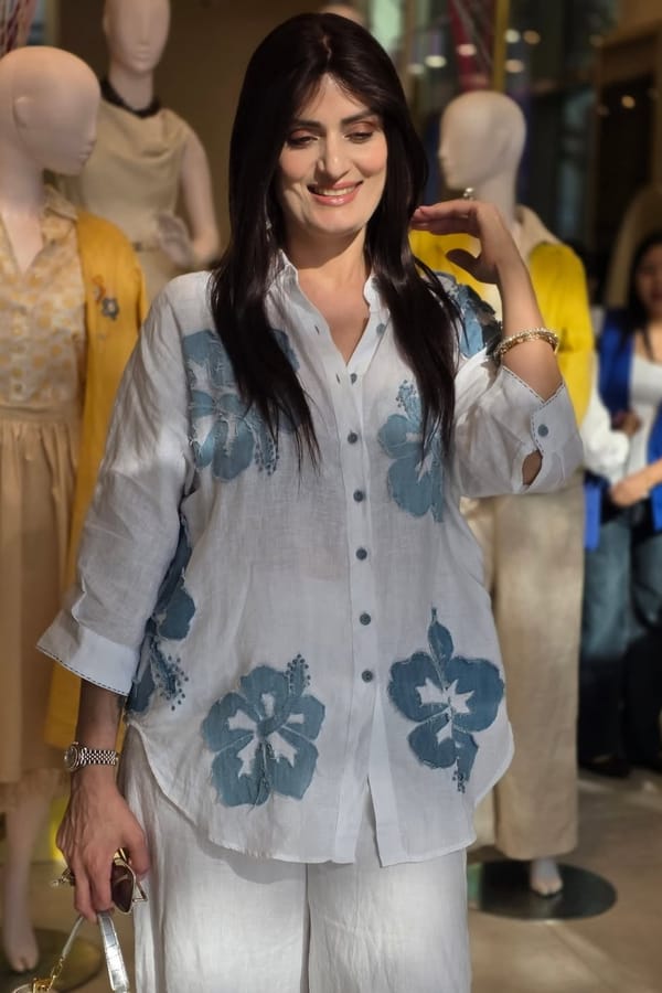 White Linen Shirt with Blue Floral Applique — Linen Bloom