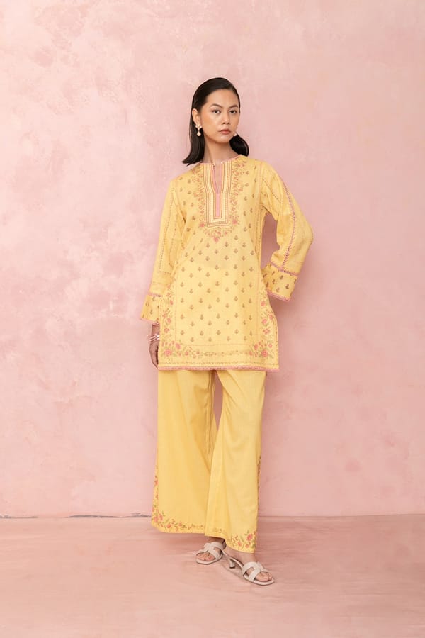 Yellow Floral Printed Straight Kurta Set With Dupatta — LABEL NAARITI