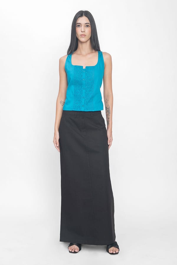 Turquoise Blue Square Neck Button-Front Belted Top — Contemponari
