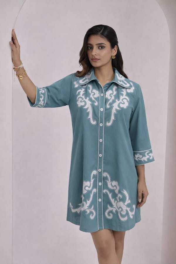 Teal Cotton Flex Embroidered Shirt Dress — Younglings