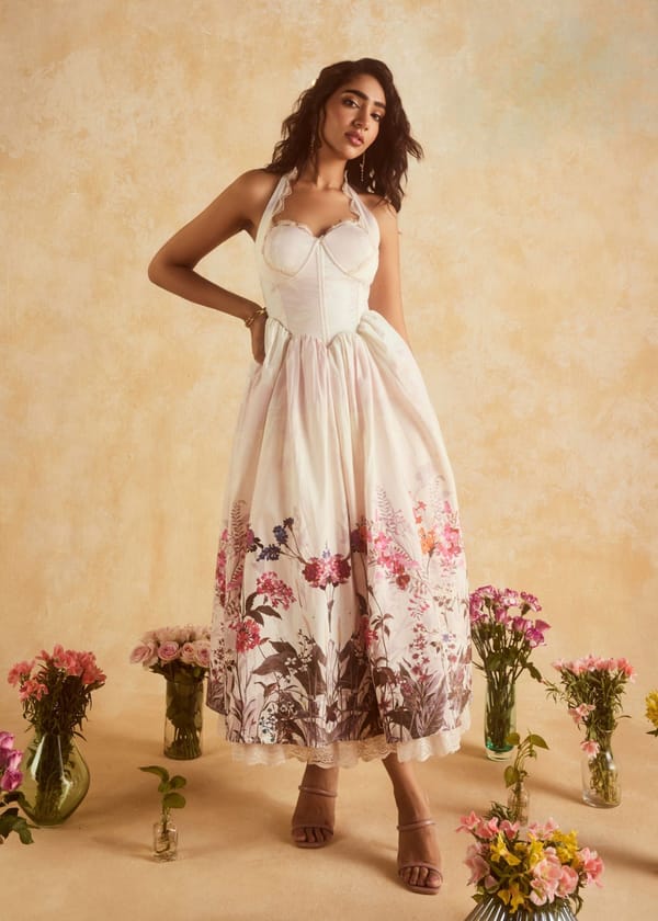 White Floral Halter Corset Maxi Dress with Lace Trim — Lea Clothing
