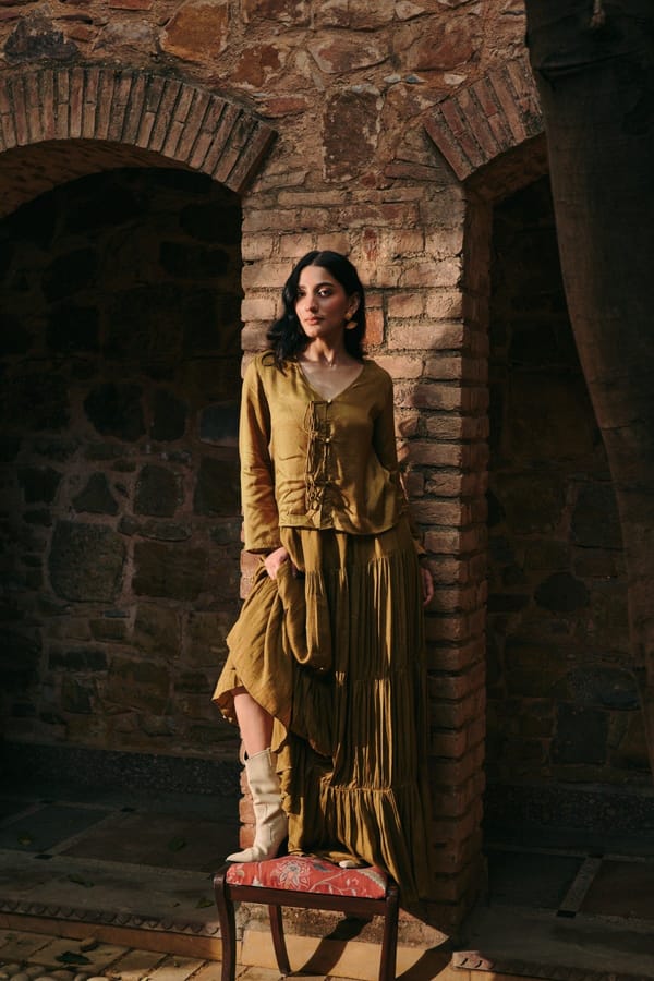 Mustard Tiered Gathered Maxi Skirt — Contemponari