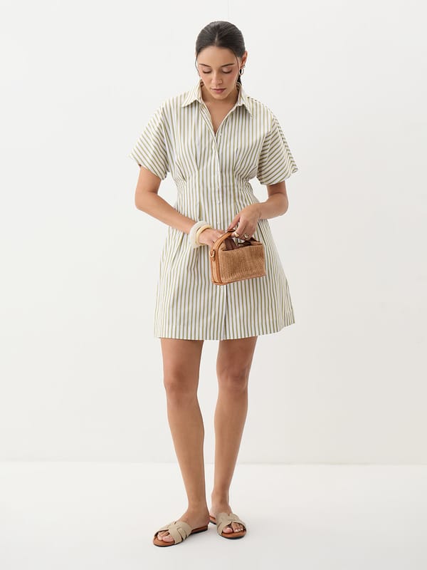 Olive Stripe Pleated Mini Dress — Femmella