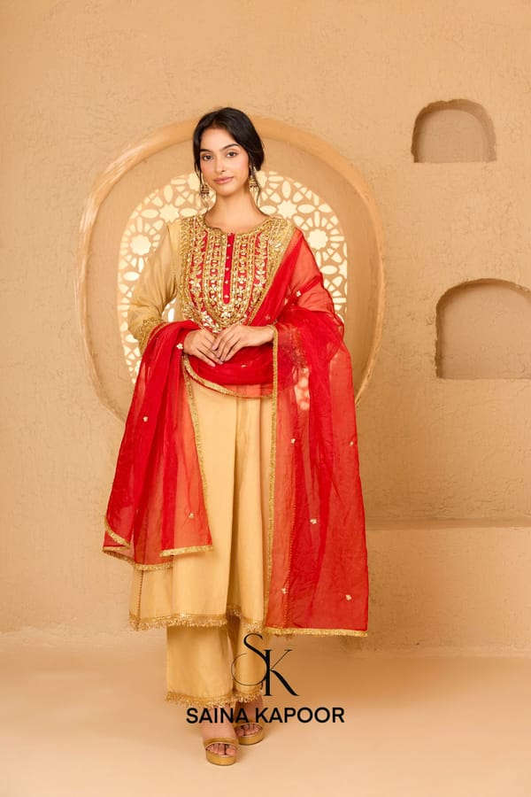 Beige Cotton Chanderi Long Kurta Pant Set — SAINA KAPOOR