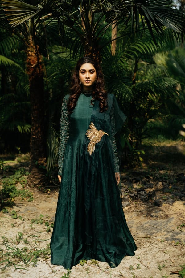 Green High Neck Anarkali Kurta Set with Embroidered Sleeves — SHRISTICHETANI