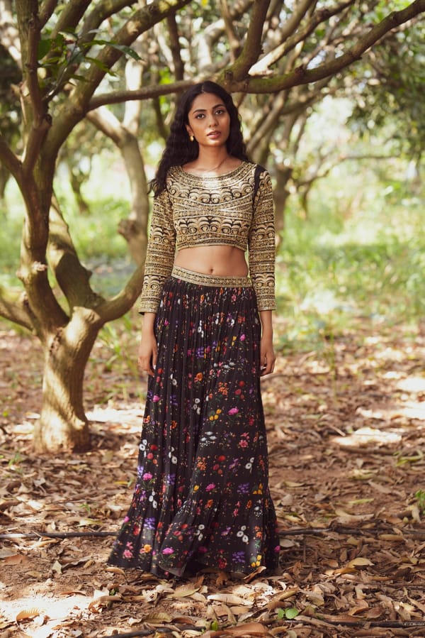 Midnight Bloom Embroidered Lehenga Set — EWOKE STUDIO