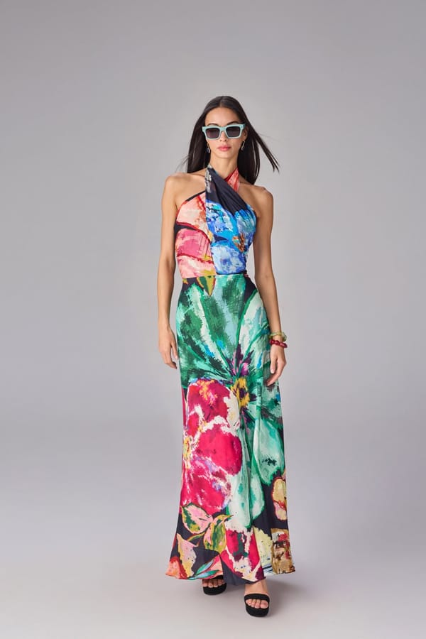 Multi Colour Floral Halter Neck Maxi Column Dress — Saaksha and Kinni