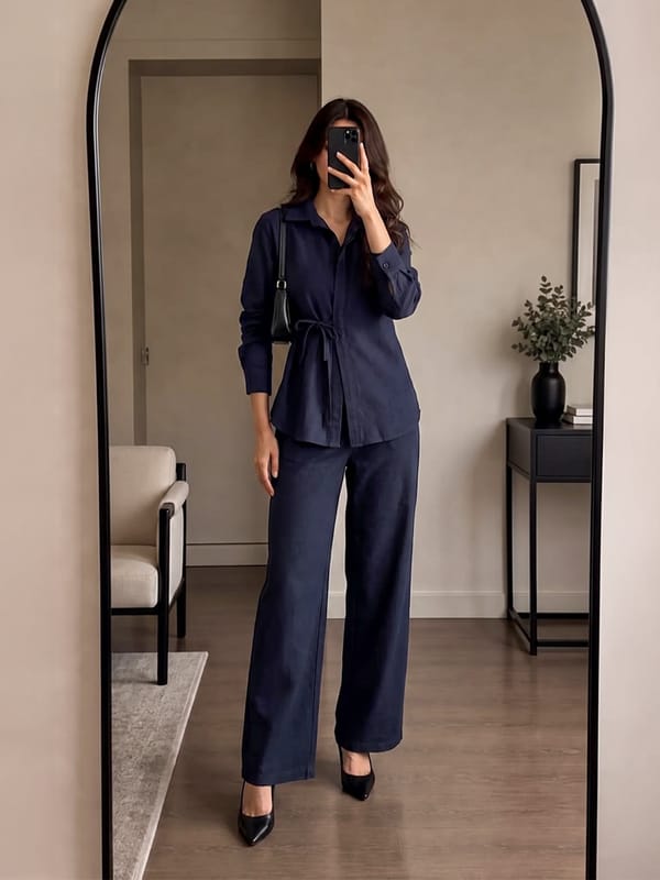 Navy Twill Tie-Up Shirt Co-Ord — Femmella