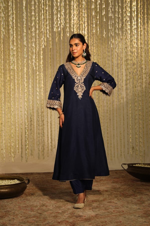 Dark Blue Silk Dupion V-Neck Choga Kurta Set with Salwar — Sheetal Batra