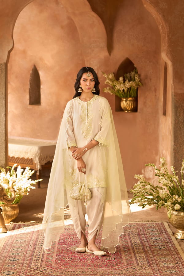 Ivory Short Kurta and Dhoti Set with Mint Embroidery — Sheetal Batra